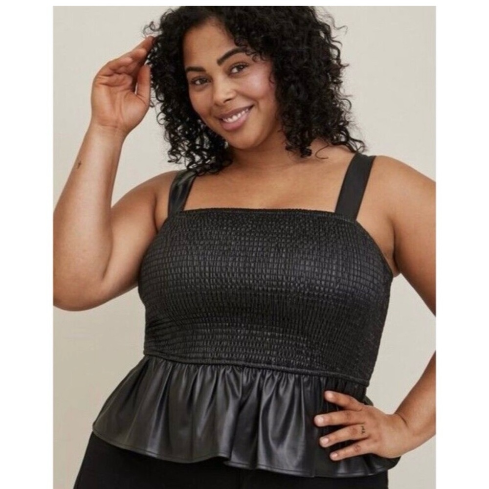 TORRID Women’s Faux Leather Black Sleeveless Peplum Smocked Cropped RuffleTop